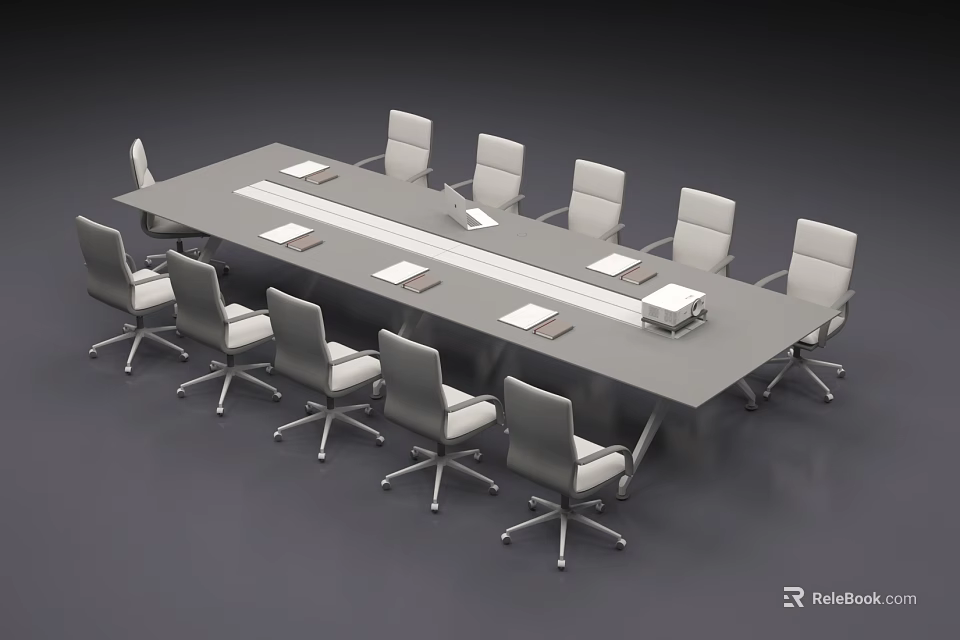 Long Modern Office Conference Table With Wheeled Chairs And Documents On Top 3d model 