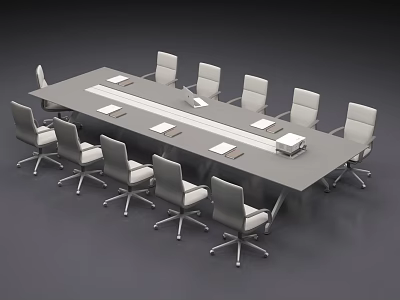 Long Modern Office Conference Table With Wheeled Chairs And Documents On Top 3d model