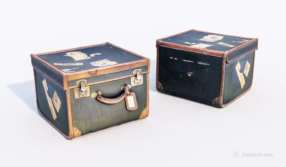 Two Vintage Dark Green Trunks With Decorative Patterns Metal Latches And Tags 3d model 