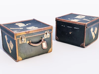 Two Vintage Dark Green Trunks With Decorative Patterns Metal Latches And Tags 3d model