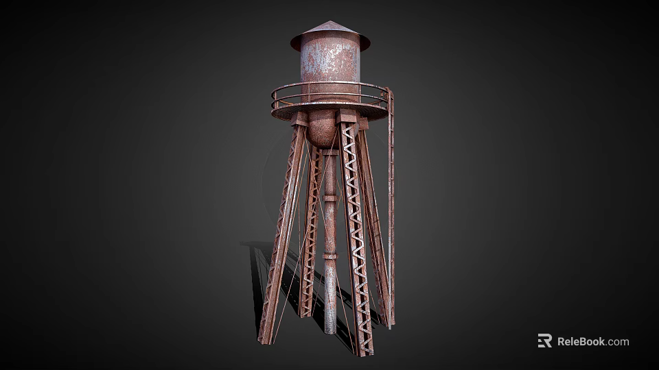 Rusty Metal Water Tower with Tripod Support Structure and Roofed Top Railing Design 3d model