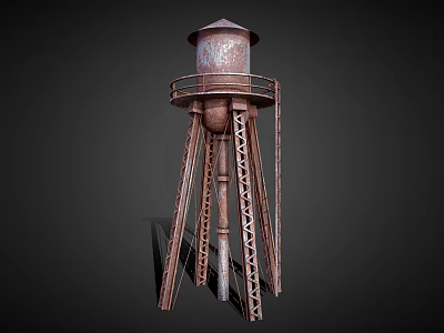 Rusty Metal Water Tower with Tripod Support Structure and Roofed Top Railing Design 3d model