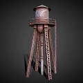 Rusty Metal Water Tower with Tripod Support Structure and Roofed Top Railing Design 3d model