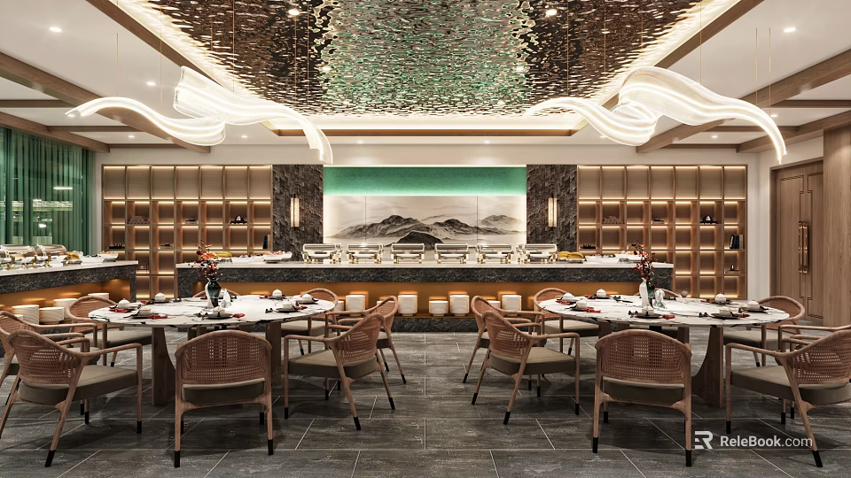 Elegant Luxurious Banquet Hall Interior With Decorative Ceiling Landscape Painting And Round Dining Tables 3d model 