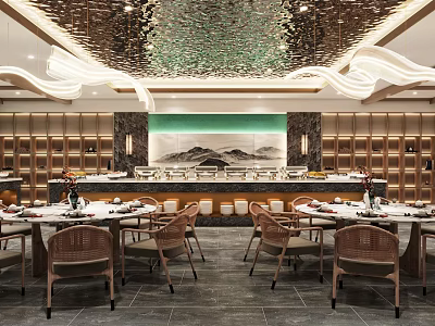 Elegant Luxurious Banquet Hall Interior With Decorative Ceiling Landscape Painting And Round Dining Tables 3d model
