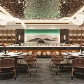 Elegant Luxurious Banquet Hall Interior With Decorative Ceiling Landscape Painting And Round Dining Tables