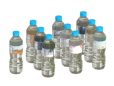 Bottled Water In Transparent Bottles With Blue Caps And Various Labels 3d model
