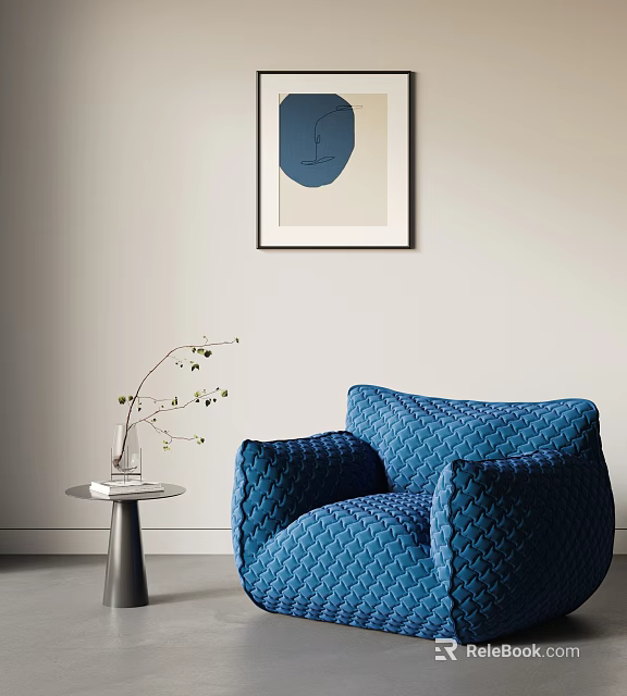 Blue Quilted Single Sofa With Small Table Vase Branches And Wall Painting 3d model