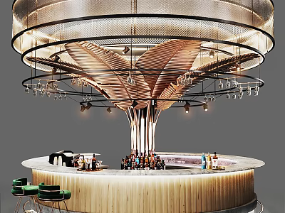 Modern Circular Bar Design With Decorative Chandelier Wooden Counter Green Stools And Bottles 3d model