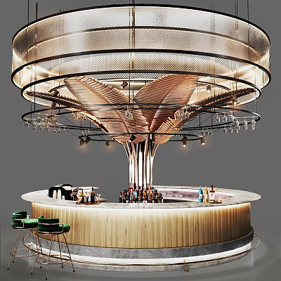 Modern Circular Bar Design With Decorative Chandelier Wooden Counter Green Stools And Bottles 3d model