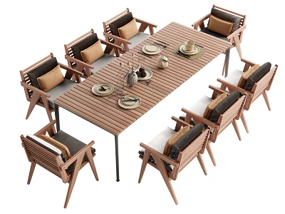 Wooden Outdoor Table with Cushioned Chairs Plates and Wine Glasses on Patio 3d model