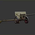 Field Gun Weapon With Long Barrel Red Wheels Light Colored Body And Towed Design