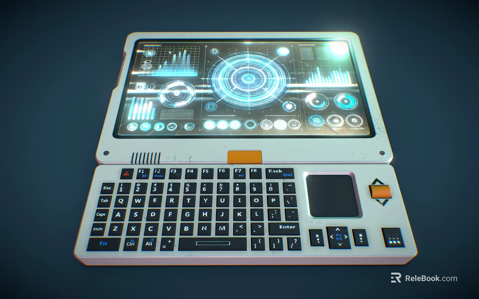 Futuristic Portable Laptop With Digital Tech Interface Data Charts And Circular Visuals 3d model 