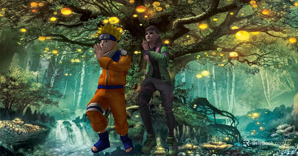 Ninja Anime Characters In Orange Outfit Green Jacket Standing Enchanted Forest Glowing Lights Waterfall 3d model 
