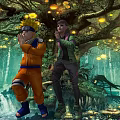 Ninja Anime Characters In Orange Outfit Green Jacket Standing Enchanted Forest Glowing Lights Waterfall