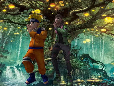 Ninja Anime Characters In Orange Outfit Green Jacket Standing Enchanted Forest Glowing Lights Waterfall 3d model