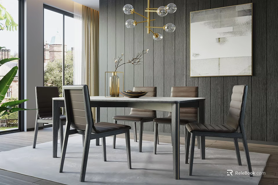 Modern Dining Table Set With Chairs Gold Spherical Chandelier And Large Windows Interior 3d model