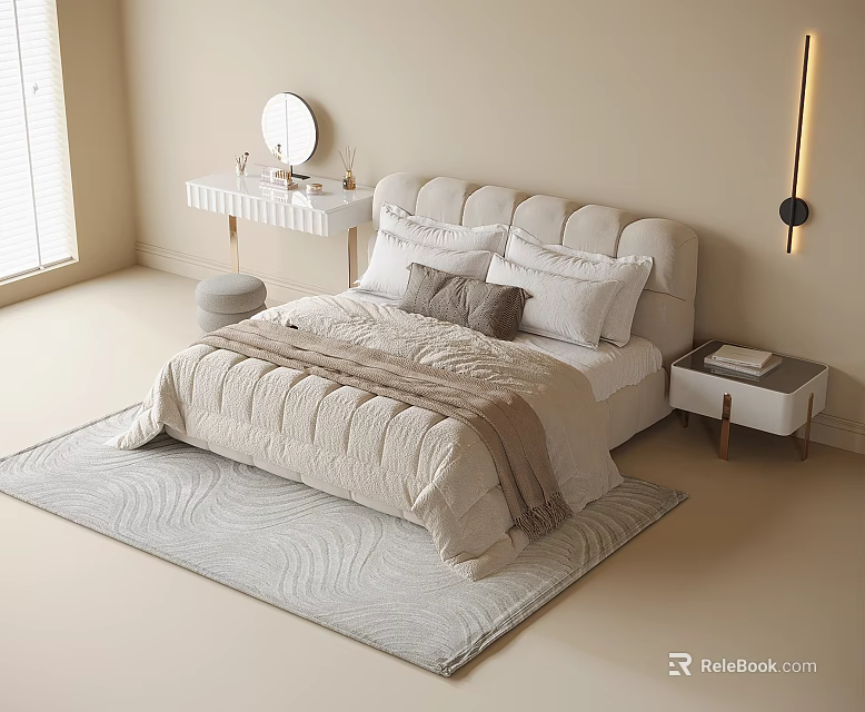 Modern Kids Bed Interior With Upholstered Headboard Soft Bedding And Side Table 3d model 