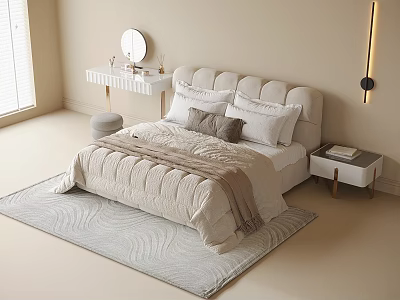 Modern Kids Bed Interior With Upholstered Headboard Soft Bedding And Side Table 3d model