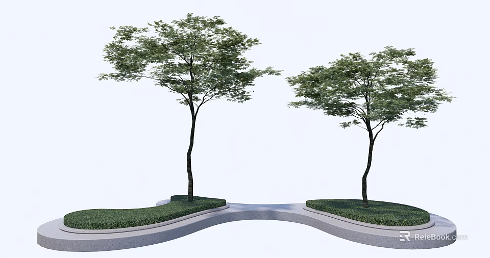 Curved Tree Pits With Green Grass And Trees In Modern Urban Landscape Design 3d model 