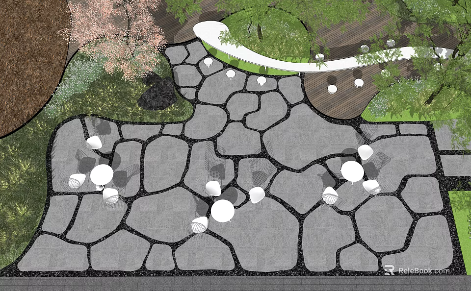 Natural Style Garden Ornament With Stone Pathway White Spherical Ornaments And Green Plants 3d model 