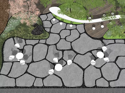 Natural Style Garden Ornament With Stone Pathway White Spherical Ornaments And Green Plants 3d model