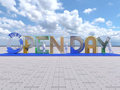 3D OPEN DAY Letters Display With Blue Sky White Clouds And Brick Pavement 3d model