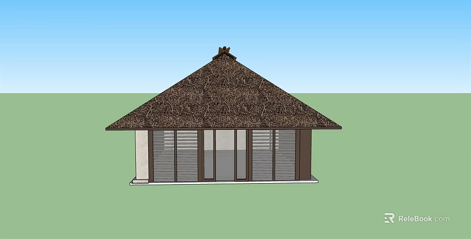 Small House With Thatched Roof And Wooden Structure Large Windows Blue Sky Green Grass Background 3d model 