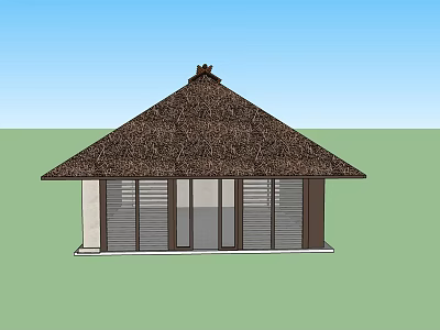 Small House With Thatched Roof And Wooden Structure Large Windows Blue Sky Green Grass Background 3d model