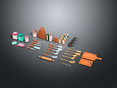 Essential Household Kitchen Supplies With Utensils Jars Cutting Board And Tools 3d model