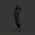 Futuristic Game Character In Black Armored Suit With Blue Glowing Accents
