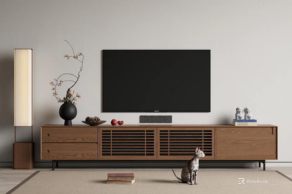 Wooden TV Stand with Decorative Vase Ornaments Cat Figurine and Books in Living Room 3d model 