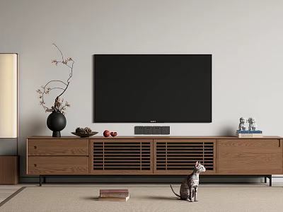 Wooden TV Stand with Decorative Vase Ornaments Cat Figurine and Books in Living Room 3d model
