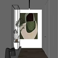 Abstract Painting In Modern Corridor With Green Plant And White Wall Interior Decor