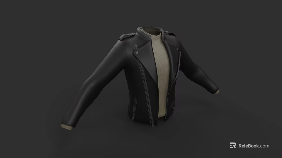 Black Leather Jacket With Light Inner Shirt Zipper Closure And Epaulets Design 3d model 