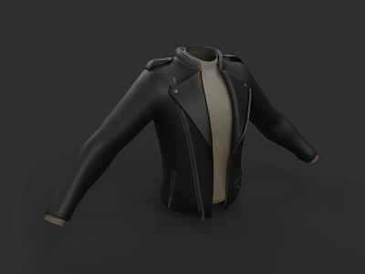Black Leather Jacket With Light Inner Shirt Zipper Closure And Epaulets Design 3d model