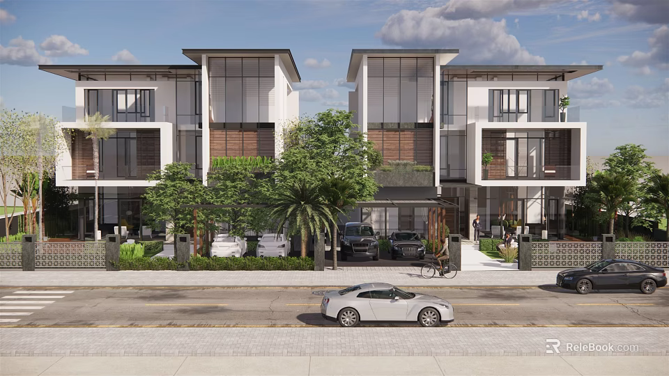 Modern Detached Villa Exterior Architecture With Large Glass Windows And Palm Tree Landscaping 3d model 