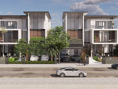 Modern Detached Villa Exterior Architecture With Large Glass Windows And Palm Tree Landscaping 3d model