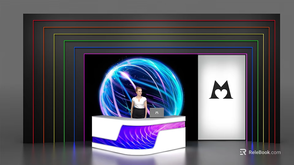 Modern Reception Desk With Colorful Neon Lights Illuminated Spherical Decoration And Brand Logo 3d model 