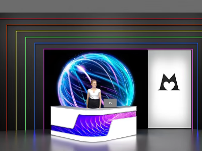 Modern Reception Desk With Colorful Neon Lights Illuminated Spherical Decoration And Brand Logo 3d model