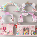 Themed Decorative Displays With Cute Animals Heart Balloons Pink Shelves And Love Elements
