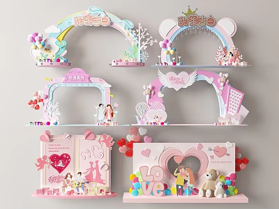 Themed Decorative Displays With Cute Animals Heart Balloons Pink Shelves And Love Elements 3d model
