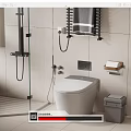 Modern White Toilet In Bathroom With Hanging Towel Rack Toilet Paper Holder And Trash Bin
