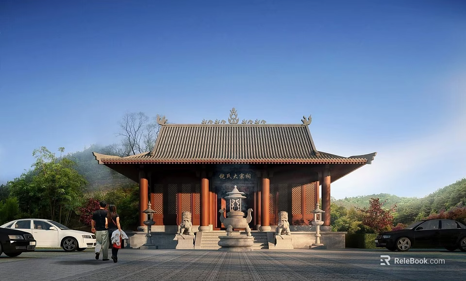 Traditional Chinese Ancient Architecture with Ornate Roof Stone Lion Statues and Mountain View 3d model 