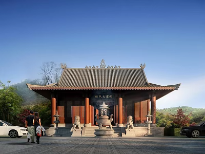 Traditional Chinese Ancient Architecture with Ornate Roof Stone Lion Statues and Mountain View 3d model