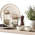 Stylish Dinnerware Set With Ceramic Plates Cups Teapot Glassware And Utensils On Wooden Shelf