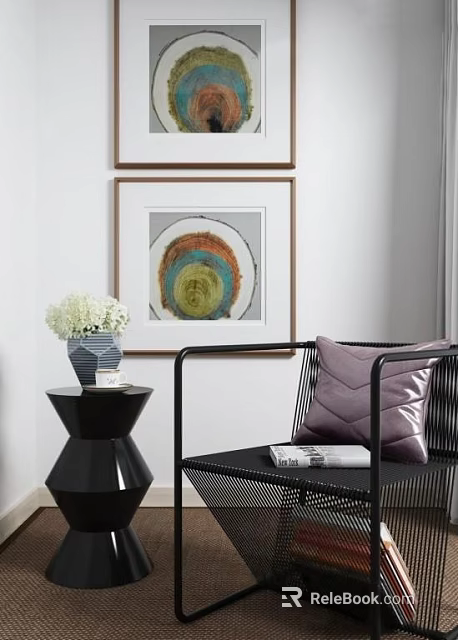 Modern Living Room With Black Round Side Table Vase White Flowers And Purple Cushion 3d model 