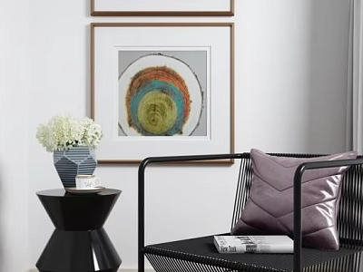 Modern Living Room With Black Round Side Table Vase White Flowers And Purple Cushion 3d model