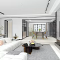 Modern Living Dining Room Interior With White Sofa Dining Table Large Window And Green Plants