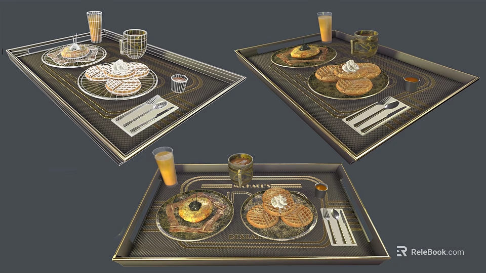 Elegant Modern Tray Setup Featuring Desserts Pastries Orange Juice And Cutlery 3d model 